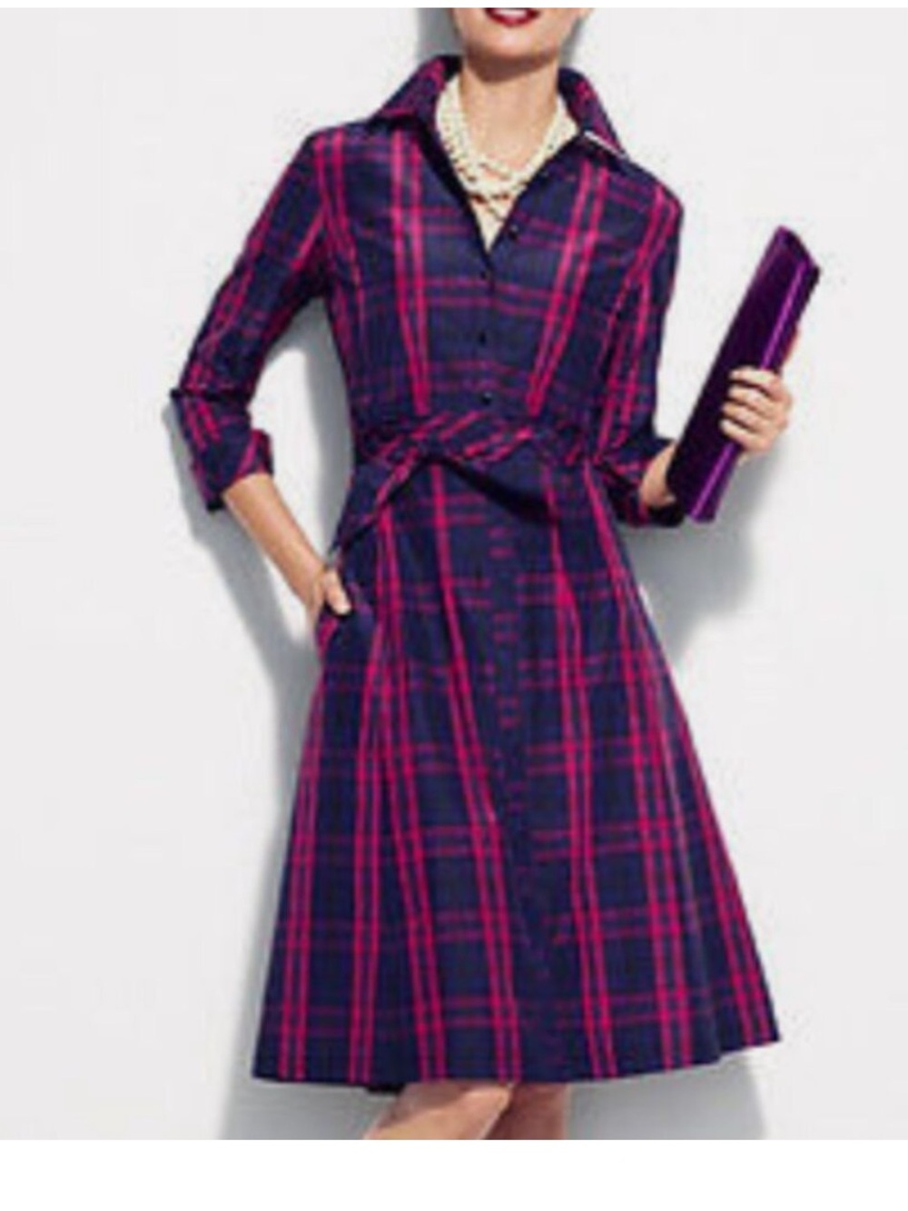 Talbots ~ Shirt Dress Fuchsia/ Navy Plaid Silk Blend ~ Size 2